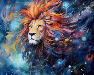 Lion predator animals wildlife painting. Lion is the king of animals. The constellation of Leo is a sign of the leaders. A strong spirit, strong body, strong will. Fantasy art of a lion