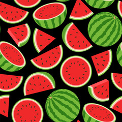 Seamless pattern with watermelons on a black background.