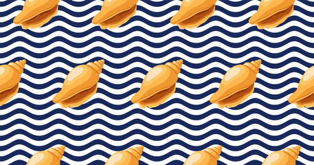 Seamless pattern with seashells on a blue wave background.