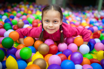 Obraz na płótnie Canvas Little smiling girl having fun with balls in amusement center for kids