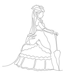 Continuous line portrait of standing young woman in victorian dress with sun umbrella.