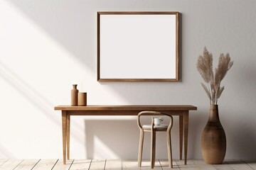 Modern Wooden Table with Empty White Picture Frames. Blank Mockup for Home Decor. Interior Design Background with Copy Space