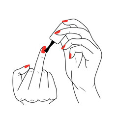 Middle finger sign, female middle finger with red nails - obrazy, fototapety, plakaty