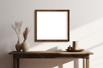Modern Wooden Table with Empty White Picture Frames. Blank Mockup for Home Decor. Interior Design Background with Copy Space