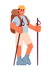 Smiling male backpacker with trekking poles semi flat colorful vector character. Happy man with hiking staff. Editable full body person on white. Simple cartoon spot illustration for graphic design