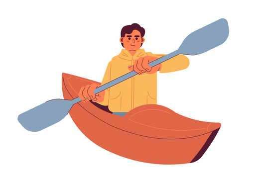 Young caucasian man paddling kayak semi flat colorful vector character. Canoeing, water sports. Editable full body person on white. Simple cartoon spot illustration for web graphic design