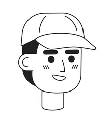 Baseball cap man smiling monochrome flat linear character head. Sporty male. Happy athlete. Editable outline hand drawn human face icon. 2D cartoon spot vector avatar illustration for animation