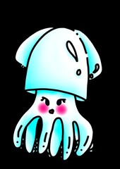 Cute cartoon octopus in bright pink, blue and black and white colors.