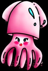 Cute cartoon octopus in bright pink, blue and black and white colors.