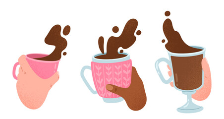 Hands with hot drinks in cups set. Characters with coffee or tea. Aroma and beverage, tasty liquid. Espresso, americano and cappuccino. Cartoon flat vector collection isolated on white background