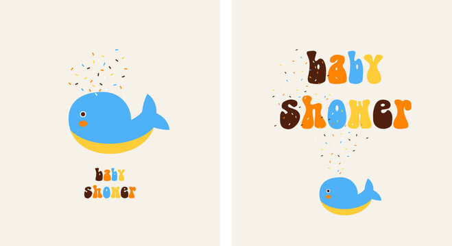 Cute Baby Shower Vector Card with Sweet Blue Whale and Confetti Rain. Retro Lettering Text. Gender Neutral Colors. Lovely Prints ideal for Baby Welcome Party Invitation, Greetings. RGB Colors. 