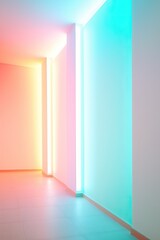 Neon colored room with glass and sun rays. Generated AI.