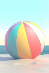 Colorful rubber ball on pastel blue sky background. Summer theme.  Generated AI.