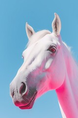 White horse with neon pink glitter on pastle blue sky background. Generated AI.
