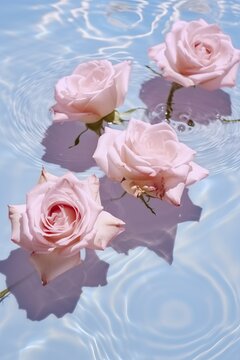 Spring flower pattern in water, roses. Generated AI.