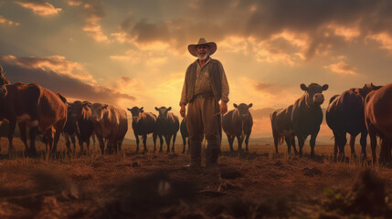 Fototapeta na wymiar an old farmer standing in the field with a herd of cows as a background, ai tools generated image