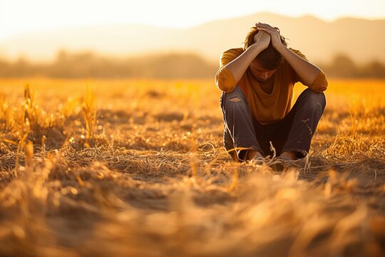 Woman Sitting In Field With Hands On Head - AI Generative