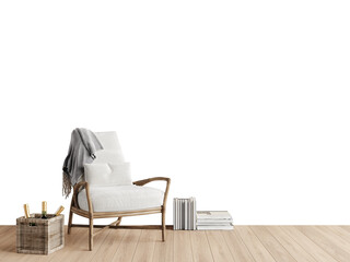 Free PSD a rattan chair in a empty room with books. Decorated home mockup with free space. 3d illustration, 3d rendering