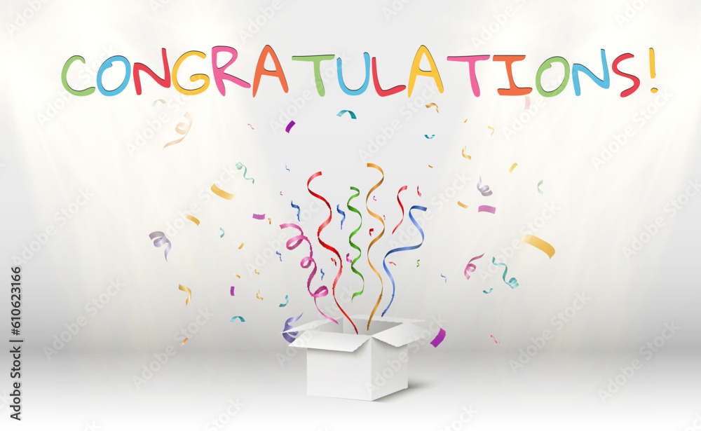 Poster Congratulatory banner with colored confetti and stars on a transparent background.Vector illustration.	

