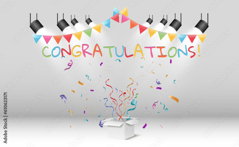 Poster Congratulatory banner with colored confetti and stars on a transparent background.Vector illustration.	
