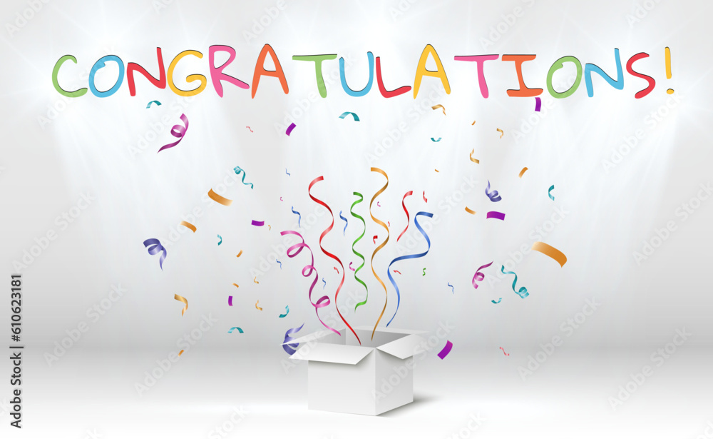 Poster Congratulatory banner with colored confetti and stars on a transparent background.Vector illustration.	
