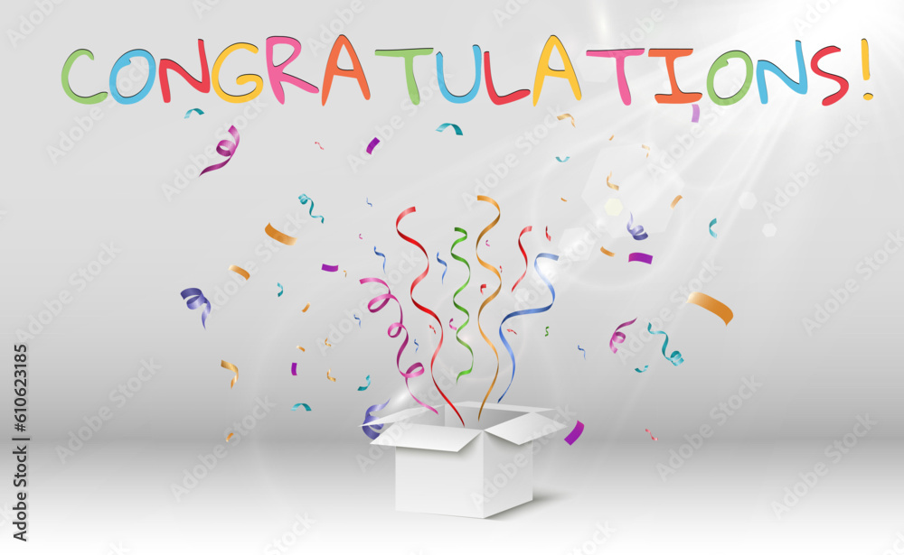 Poster Congratulatory banner with colored confetti and stars on a transparent background.Vector illustration.	
