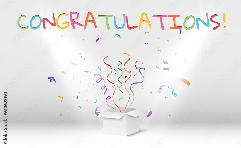 Poster Congratulatory banner with colored confetti and stars on a transparent background.Vector illustration.	
