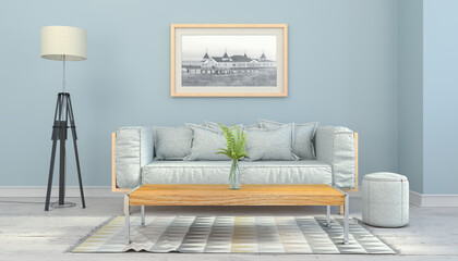Illustration - Skandinavisches, nordisches Wohnzimmer mit einer Couch, Tisch, Teppich, Wandbild und einer Lampe  - Textfreiraum - Platzhalter