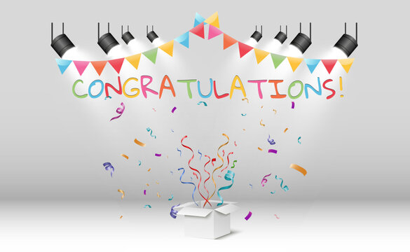 Congratulatory banner with colored confetti and stars on a transparent background.Vector illustration.	
