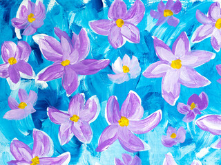 Abstract  purple  flowers, original hand drawn, impressionism style, color texture, brush strokes of paint,  art background.