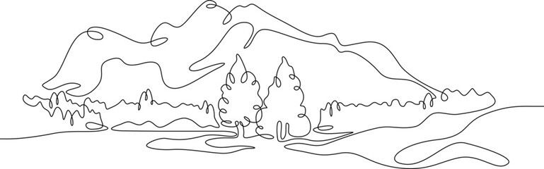 The most beautiful landscape. Wild nature. Wonderful lakes. High mountains. Vast forests. One continuous line. Linear.One continuous line drawn isolated, white background.