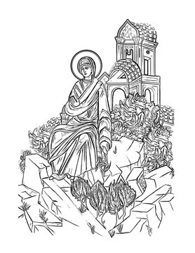 the Blessed Virgin Mary. Coloring page in Byzantine style on white background