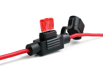 Direct Current Mini Fuse with Fuse Holder on white background close-up view