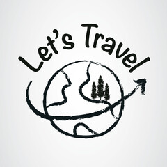 Let's travel quote with global hand drawn vector illustration, Inspiration graphic design typography element. Cute simple vector sign.