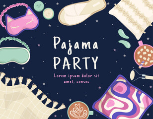 Pajama party invitation poster. Event and party, holiday and festival. Sleep masks and pillows. Cup with hot drink, coffee or tea and flashlight. Cover or banner. Cartoon flat vector illustration