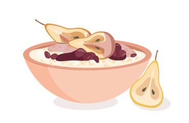 Plate of oatmeal with pear concept. Milk porridge with juicy berries. Healthy eating and proper nutrition, vegetarian diet. Poster or banner for website. Cartoon flat vector illustration
