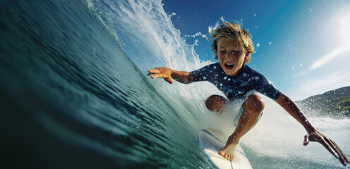 Close portrait with action camera of the boy on the surfing board smiling to the camera with funny head, generative ai.