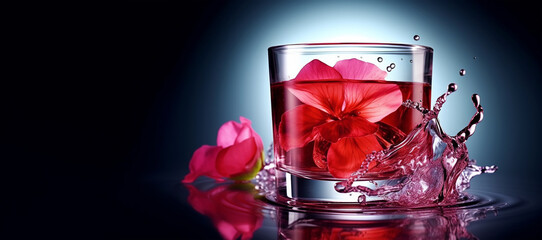 Hot tea with hibiscus in a glass cup, flower petals and splashes, the concept of longevity