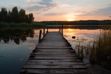 Fototapeta na wymiar Old wooden dock at the lake sunset shot