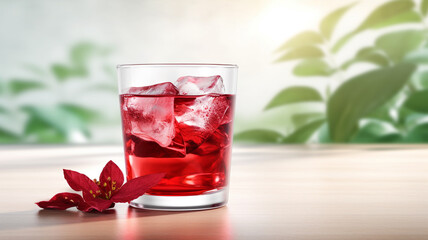 Hot tea with hibiscus in a glass cup, flower petals and splashes, the concept of longevity