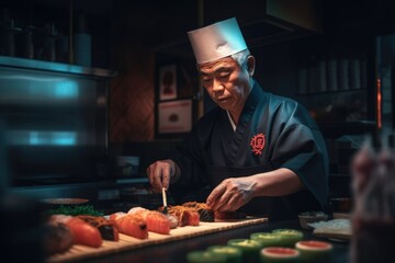 Master making a sushi roll with nori, rice, cucumber and omelet using bamboo mat. Closeup view of process. ai generated