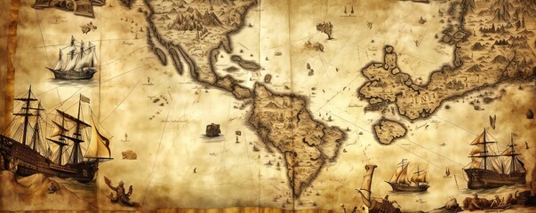 Fototapeta na wymiar Old vintage nautical treasure map background Generative AI