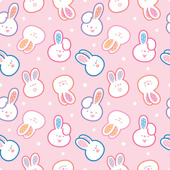 Seamless Pattern of Cute Bunny Face Design on Pink Background with Stars