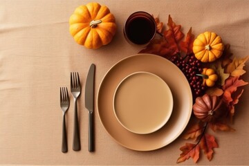Thanksgiving table setting flat lay on table, AI Generative