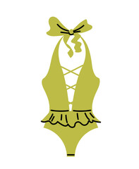 Green swimsuit for summer concept. Fashion and style. Wear and apparel, garment for hot weather. Poster or banner. Cartoon flat vector illustration isolated on white background