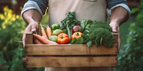 Keuken spatwand met foto A man holding a box with fresh vegetables - Generative AI © Zerbor