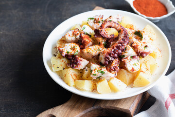 Galician octopus, a traditional Spanish dish with potatoes, octopuses and paprika