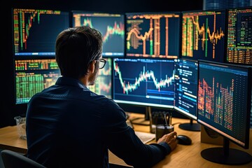 Stock market Investor analyst broker analyzing financial trade crypto stockmarket platform digital chart data on computer screen thinking of investing analytic risk. Over shoulder view - Generative AI
