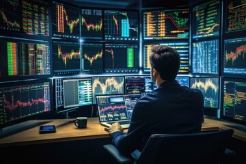 Stock market Investor analyst broker analyzing financial trade crypto stockmarket platform digital chart data on computer screen thinking of investing analytic risk. Over shoulder view - Generative AI