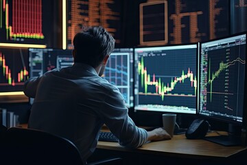 Stock market Investor analyst broker analyzing financial trade crypto stockmarket platform digital chart data on computer screen thinking of investing analytic risk. Over shoulder view - Generative AI